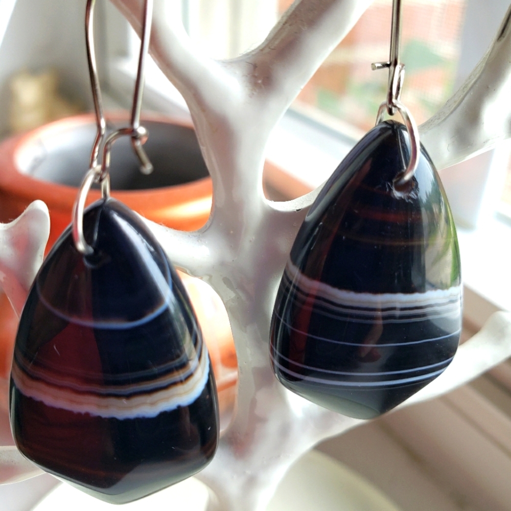 Earrings, new black onyx jasper polished gemstone dangles.